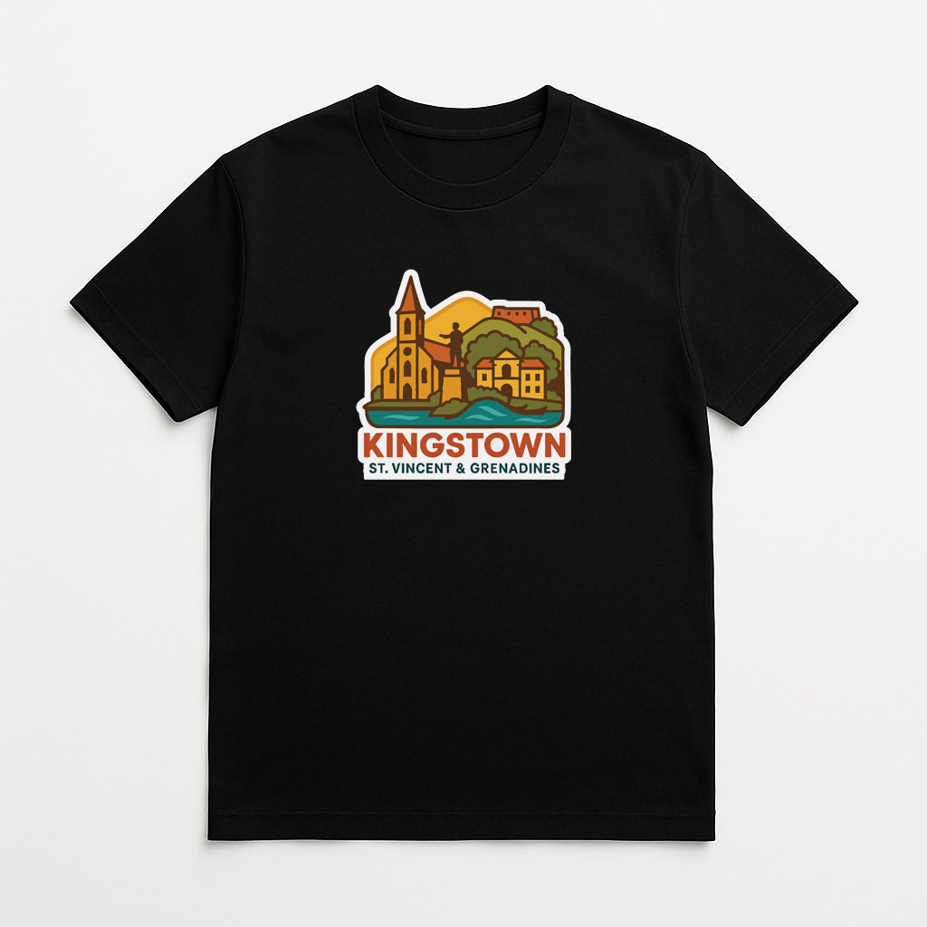 A black t-shirt with a graphic design depicting a town or village, along with the text "KINGSTOWN ST. VINCENT & GBRADINES".
