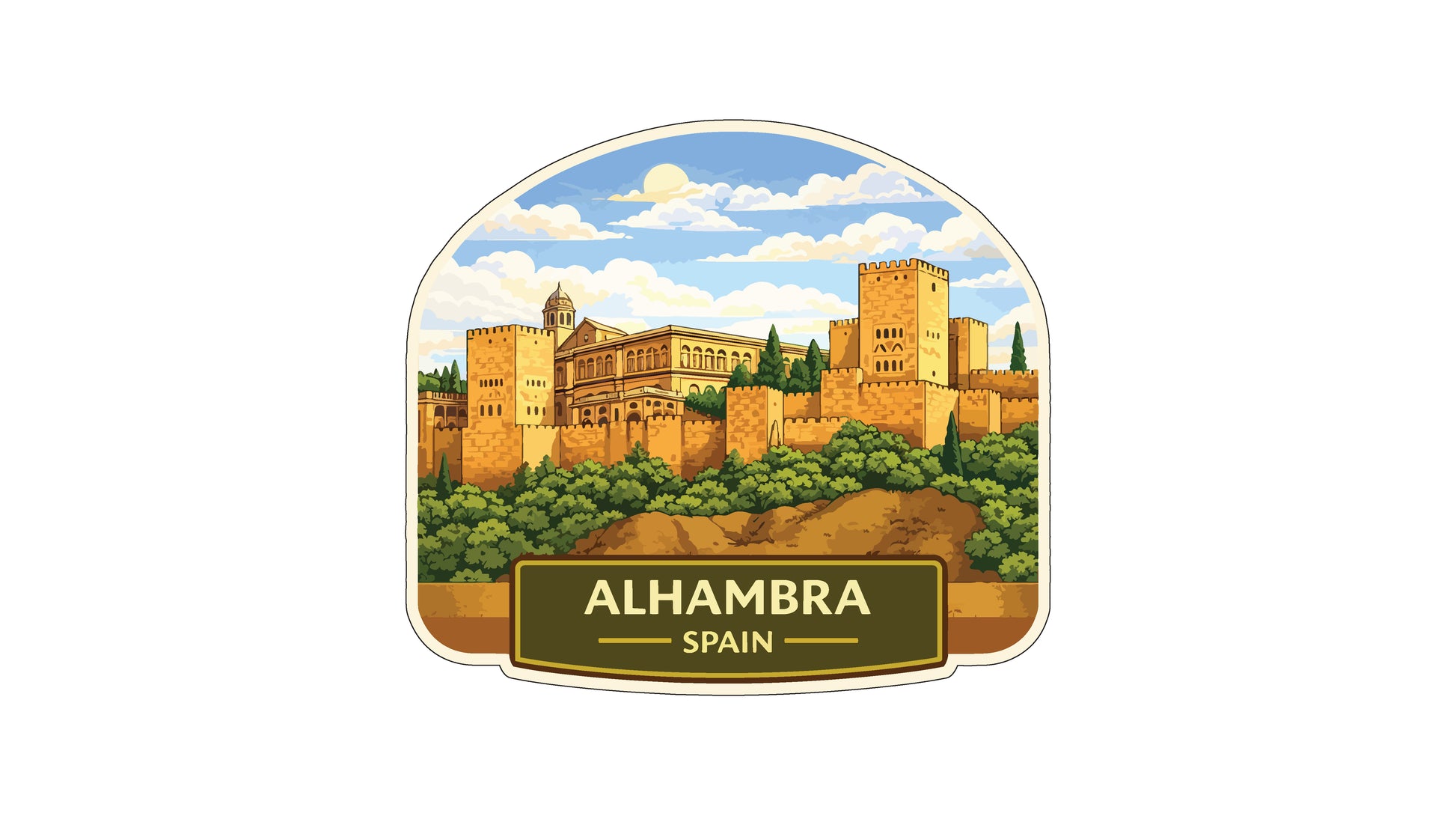 a cityscape with a castle, surrounded by trees and hills. The text "ALHAMBRA SPAIN" is displayed below the illustration.
