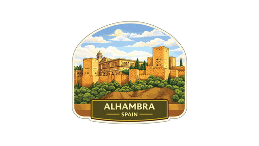 a cityscape with a castle, surrounded by trees and hills. The text "ALHAMBRA SPAIN" is displayed below the illustration.