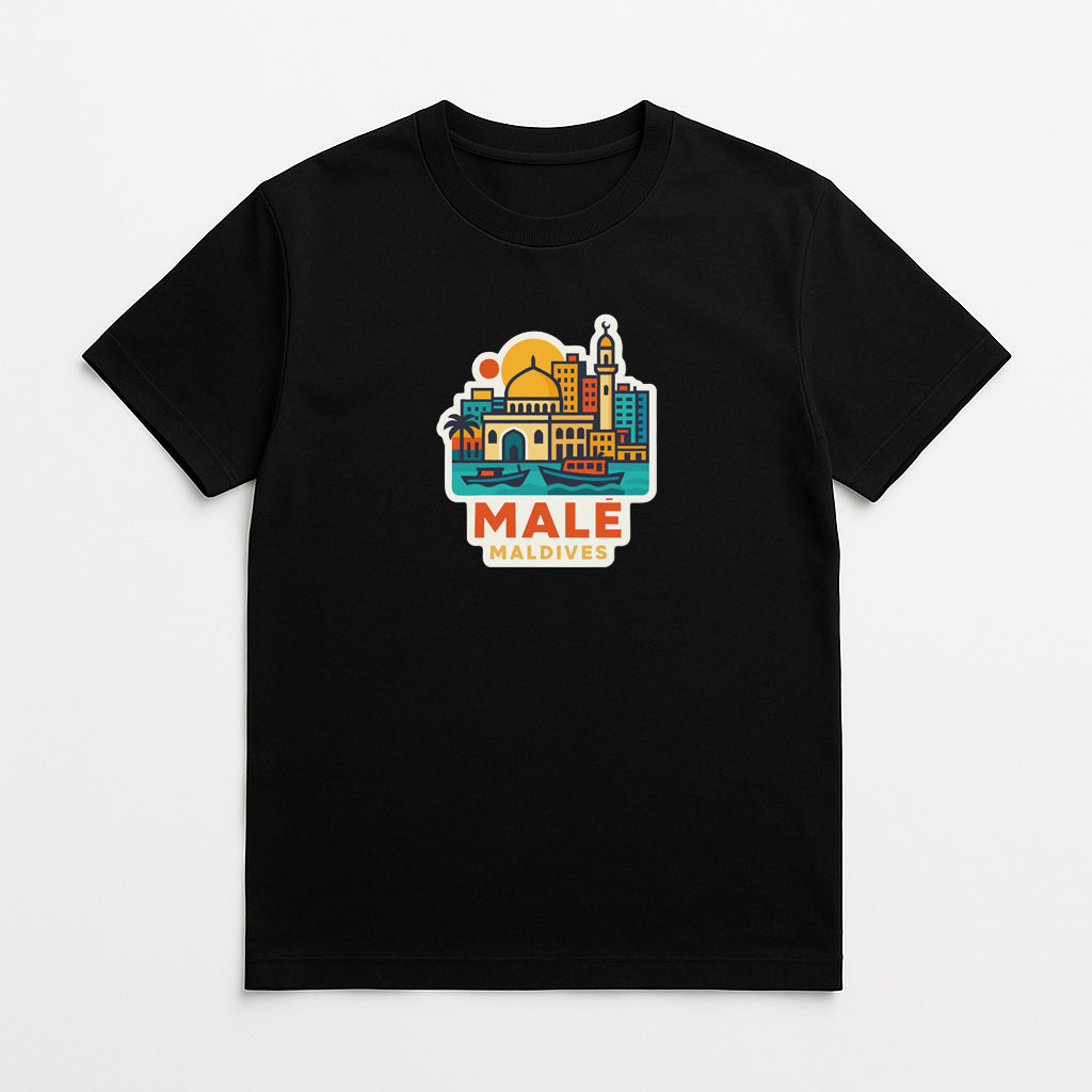 A black t-shirt with a colorful graphic depicting a city skyline and the text "MALIVE MALDIVES" printed on it.