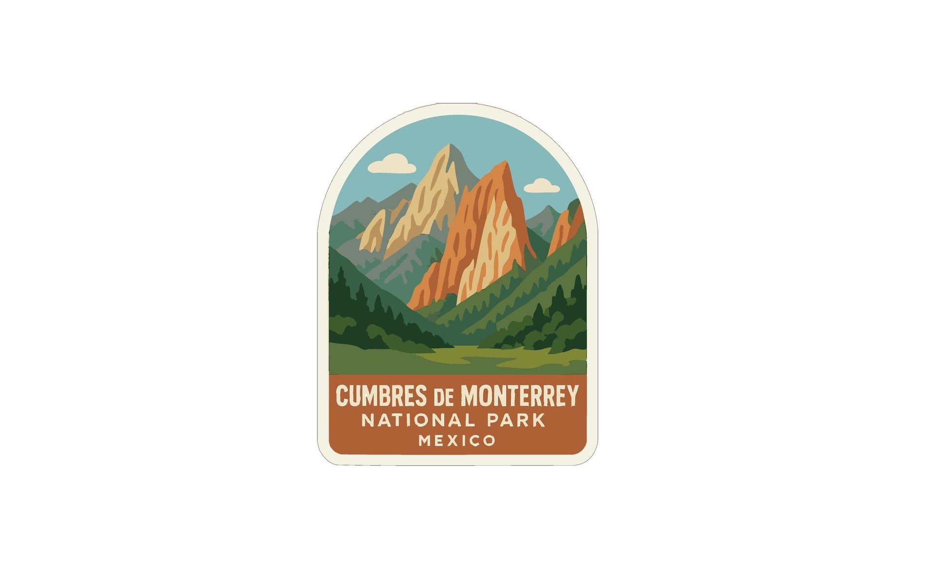 a sticker or label with a mountain landscape and the text "Cumbres de Monterey National Park Mexico".