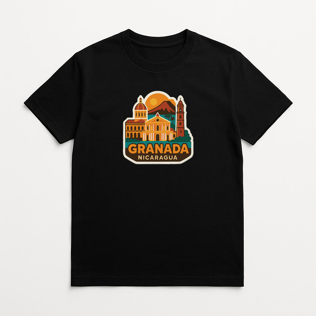 A black t-shirt with a graphic design depicting the city of Granada, Nicaragua.