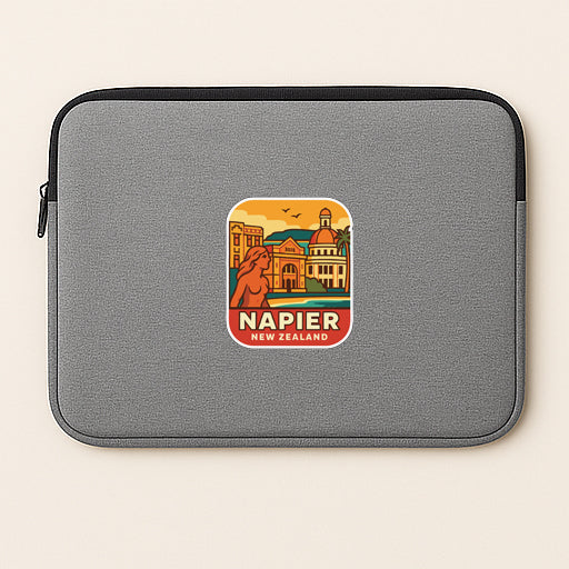 A gray laptop sleeve with a colorful sticker depicting Napier, New Zealand.