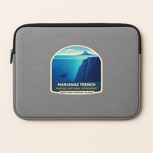 a gray laptop sleeve with a sticker that says "Marianas Trench Marine National Monument Northern Mariana Islands".