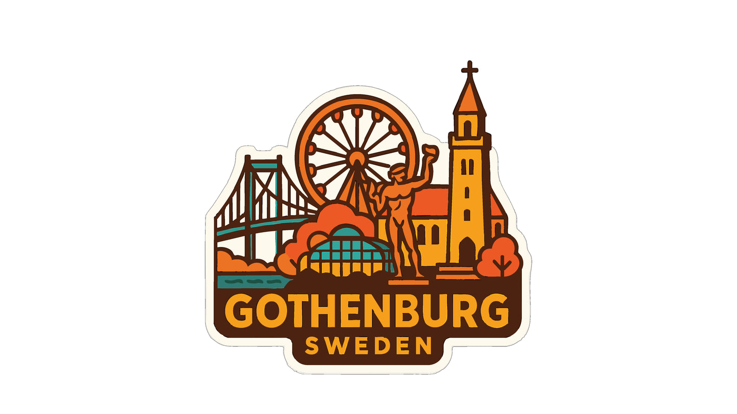 A sticker depicting the city of Gothenburg, Sweden, with various landmarks and symbols such as a ferris wheel, a church, and a bridge.