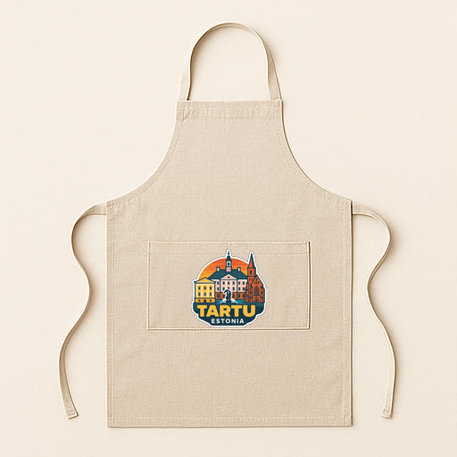 A beige apricot with a graphic design of a city skyline on the front pocket.