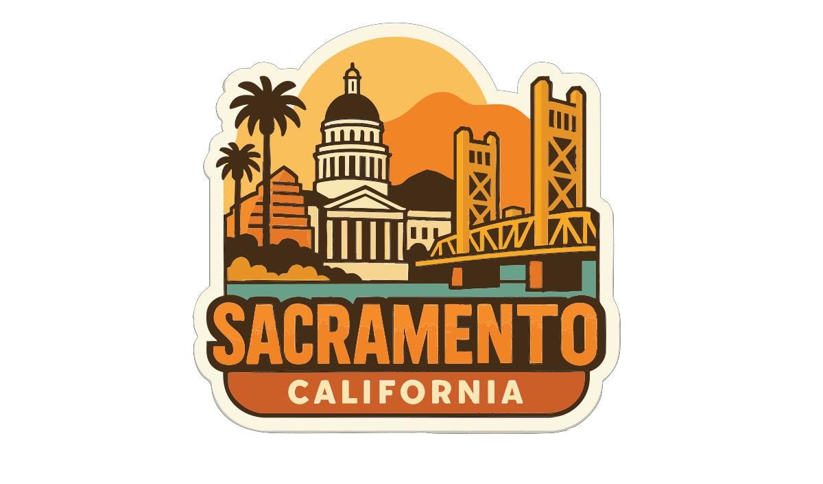 A sticker or emblem featuring the Sacramento, California skyline with the California state name and the word "Sacramento" prominently displayed.