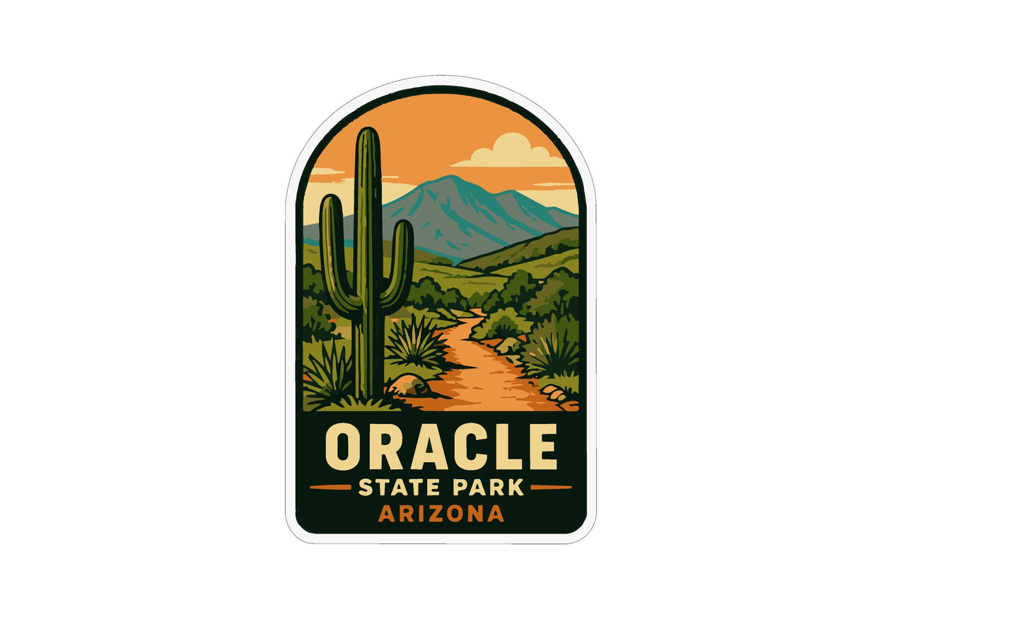 a sticker or label with a desert landscape and mountains in the background, along with the text "Oracle State Park Arizona" prominently displayed.