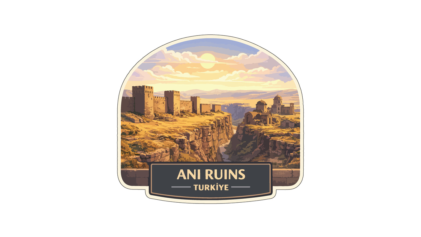 a scenic view of the Ani Ruins in Turkey, with a dramatic cliffside landscape and a bright sun in the sky.