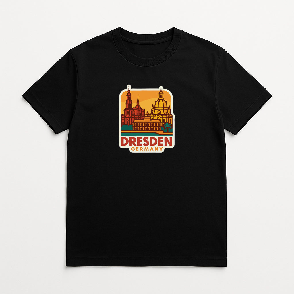 A black t-shirt with a graphic design depicting the Dresden, Germany skyline, featuring the Dresden Cathedral and other notable landmarks.