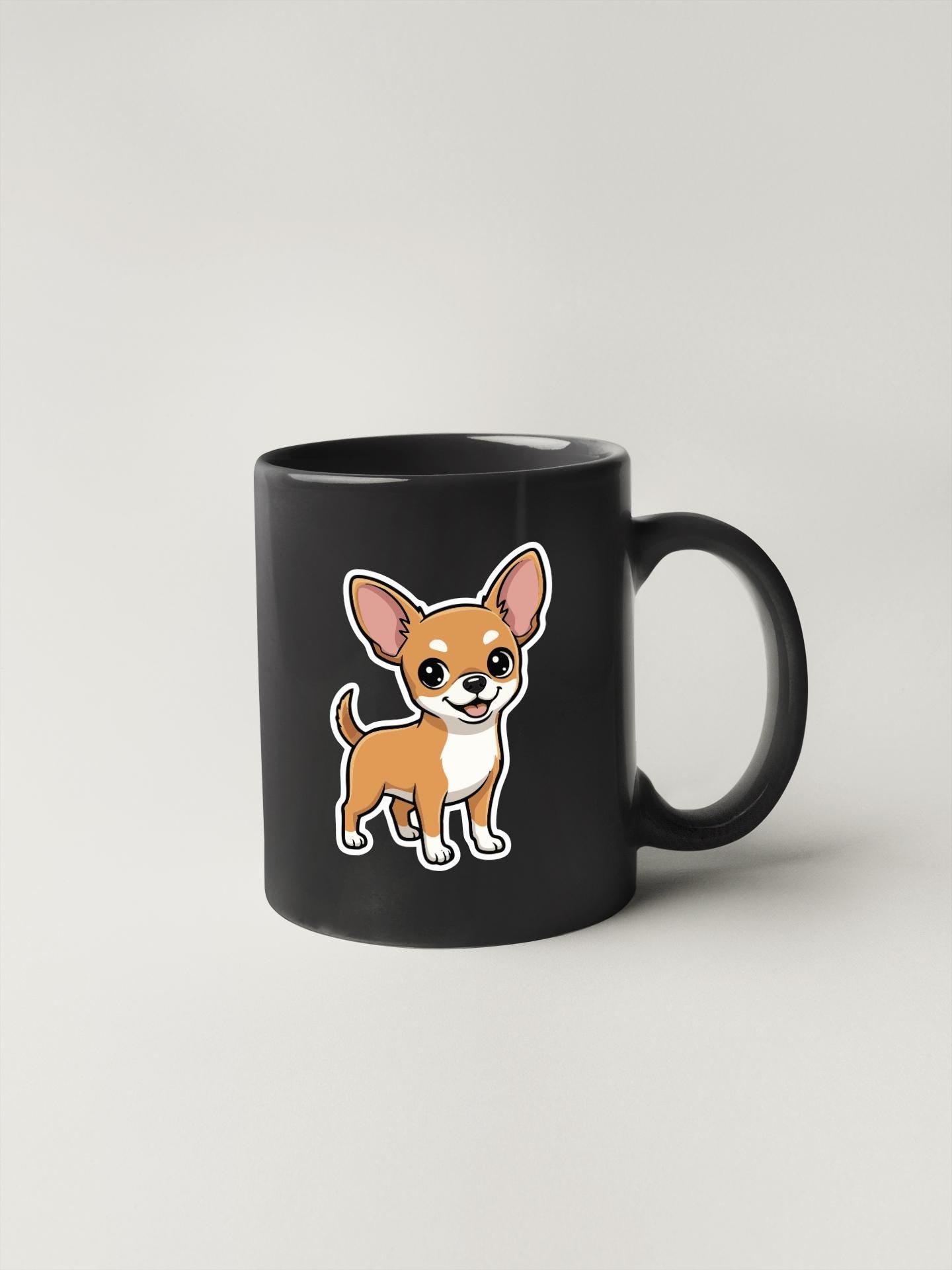 A black mug with a cartoon illustration of a small brown and white dog on it.