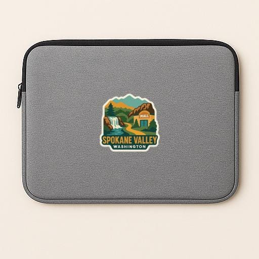 A gray laptop sleeve with a graphic design depicting the Spokane Valley, Washington.