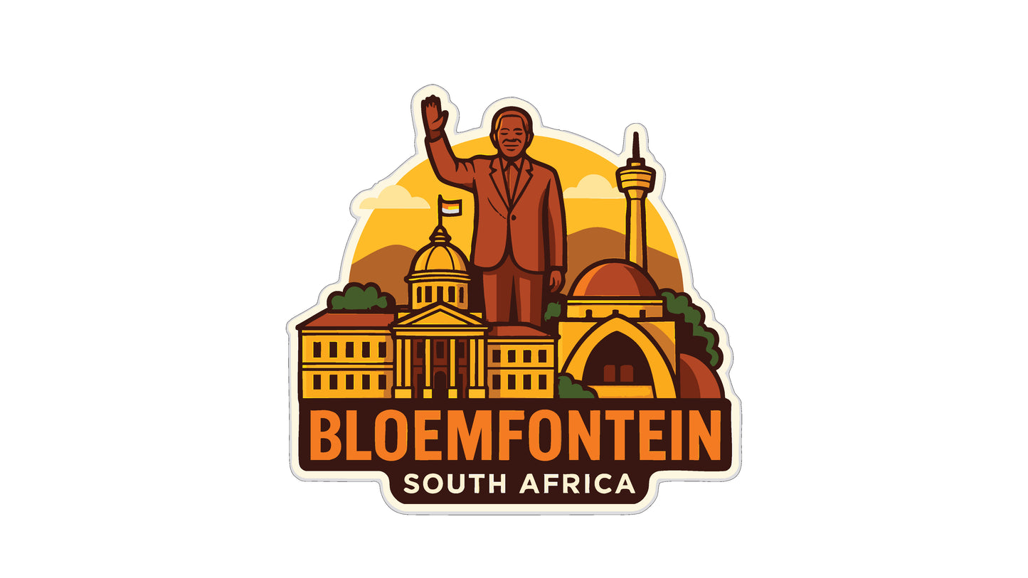 a stylized illustration of Bloemfontein, South Africa, with a prominent figure standing in the center.