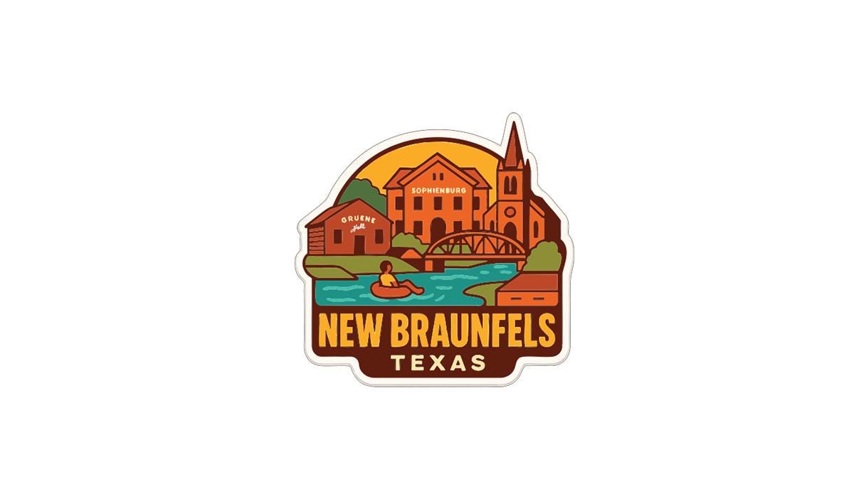 A colorful illustration of a cityscape with buildings, a bridge, and a river, along with a person in a boat. The text "NEW BRAUNFELS TEXAS" is prominently displayed.