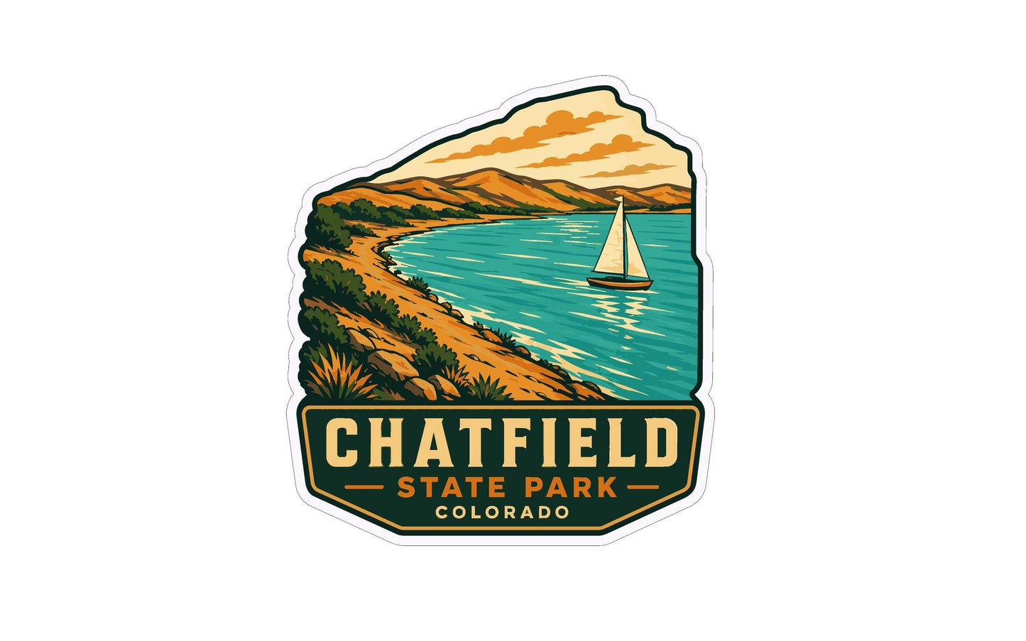 A sticker depicting a scenic landscape with a sailboat on a lake, surrounded by mountains and hills.