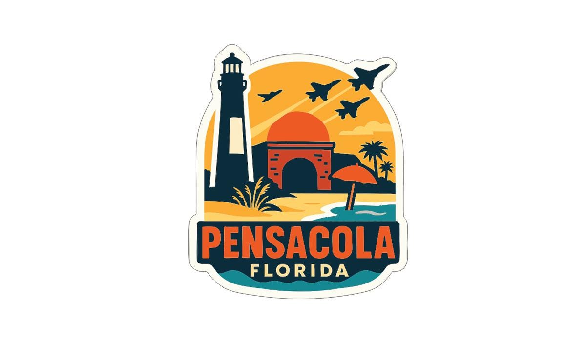 A sticker or emblem featuring a lighthouse, palm trees, and jets flying over the ocean, with the text "Pensacola, Florida" prominently displayed.