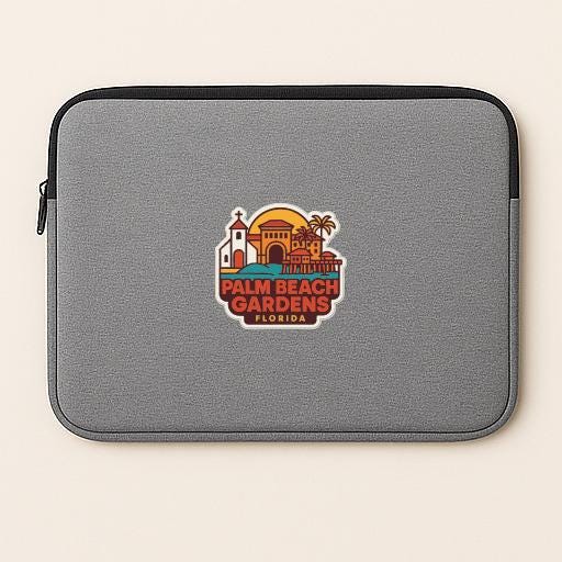 A gray laptop sleeve with a logo for Palm Beach Gardens, Florida, printed on it.