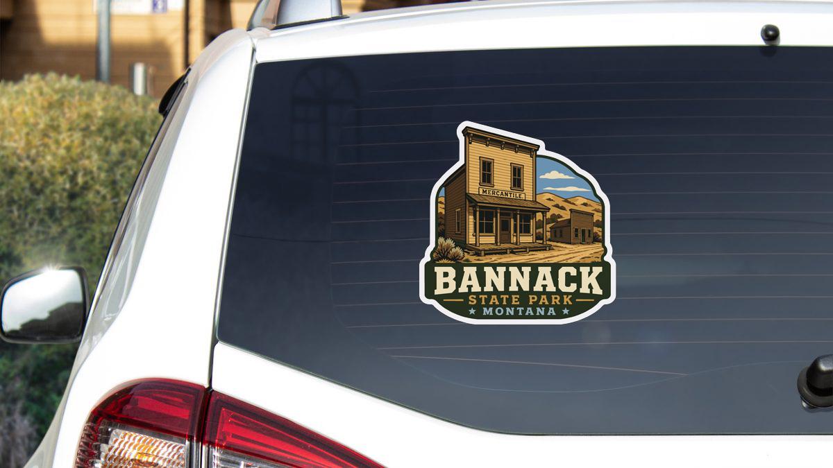 A sticker on the rear window of a vehicle, depicting a building and the text "BANNACK STATE PARK MISSOURI".