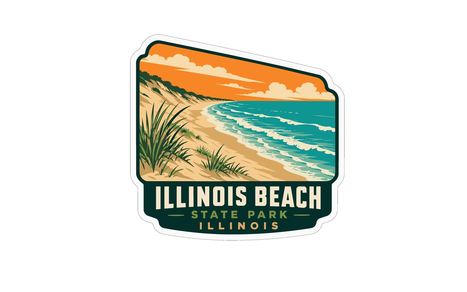 A sticker depicting a scenic beach landscape with a sandy shore, grassy dunes, and a body of water with waves. The text "ILLINOIS BEACH" and "ILLINOIS STATE PARK" is prominently displayed, indicating the location of the beach.