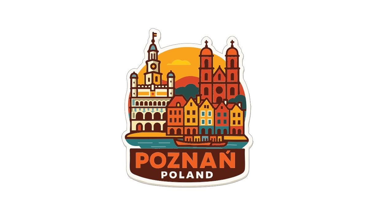 A sticker or illustration depicting the cityscape of Poznan, Poland, with various buildings and landmarks, including a church with a bell tower.