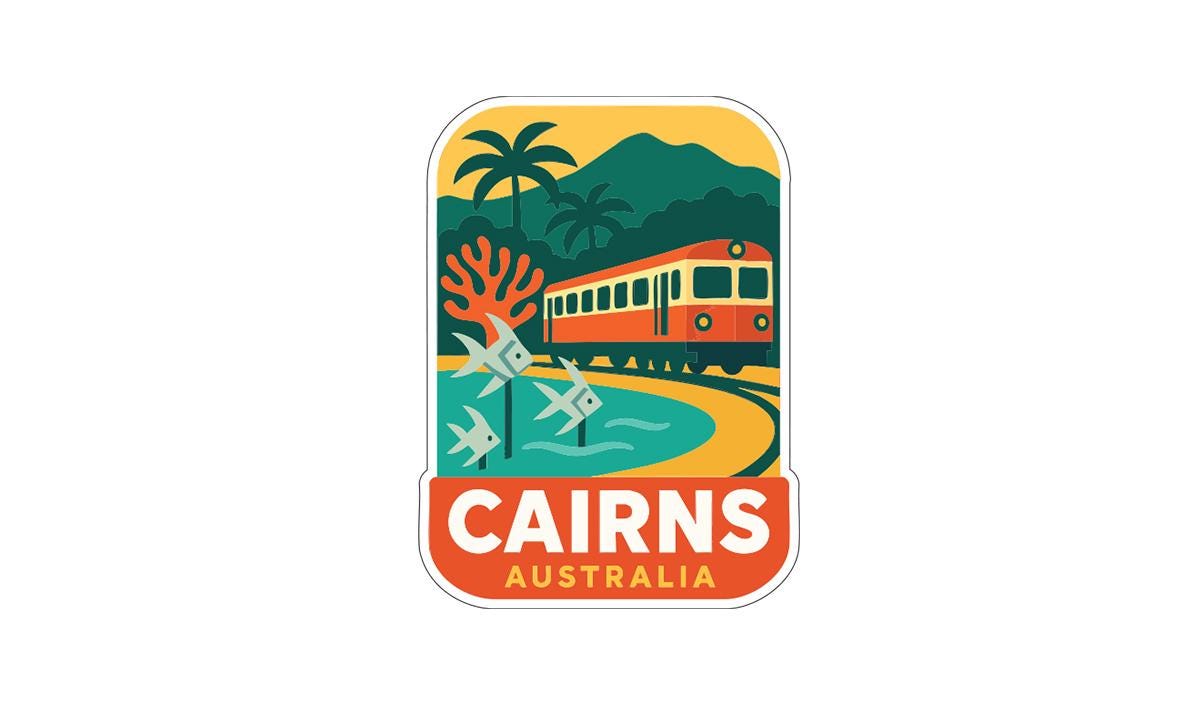 a colorful illustration of a train traveling through a tropical landscape with palm trees, mountains, and a body of water.