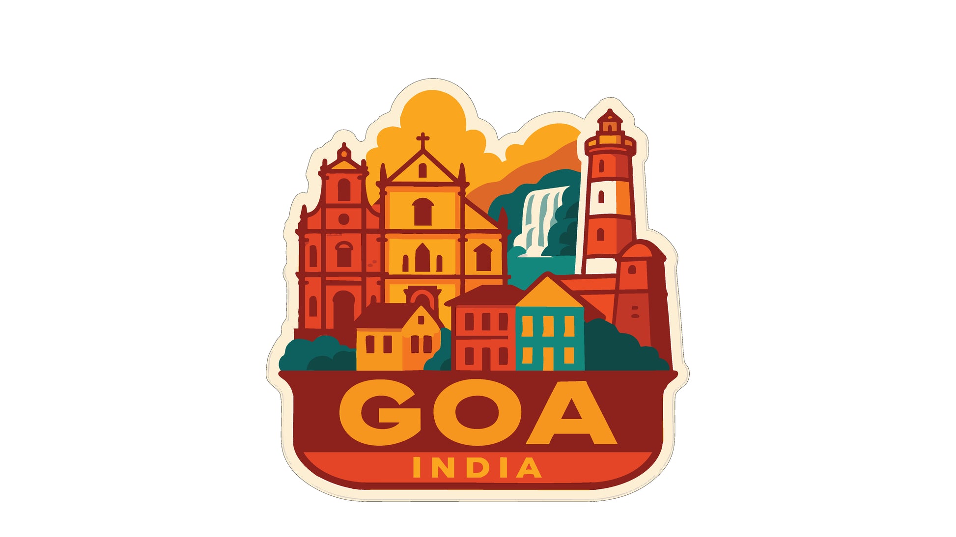 The image is a sticker or emblem featuring the city of Goa, India, with various landmarks and buildings depicted in a stylized manner.