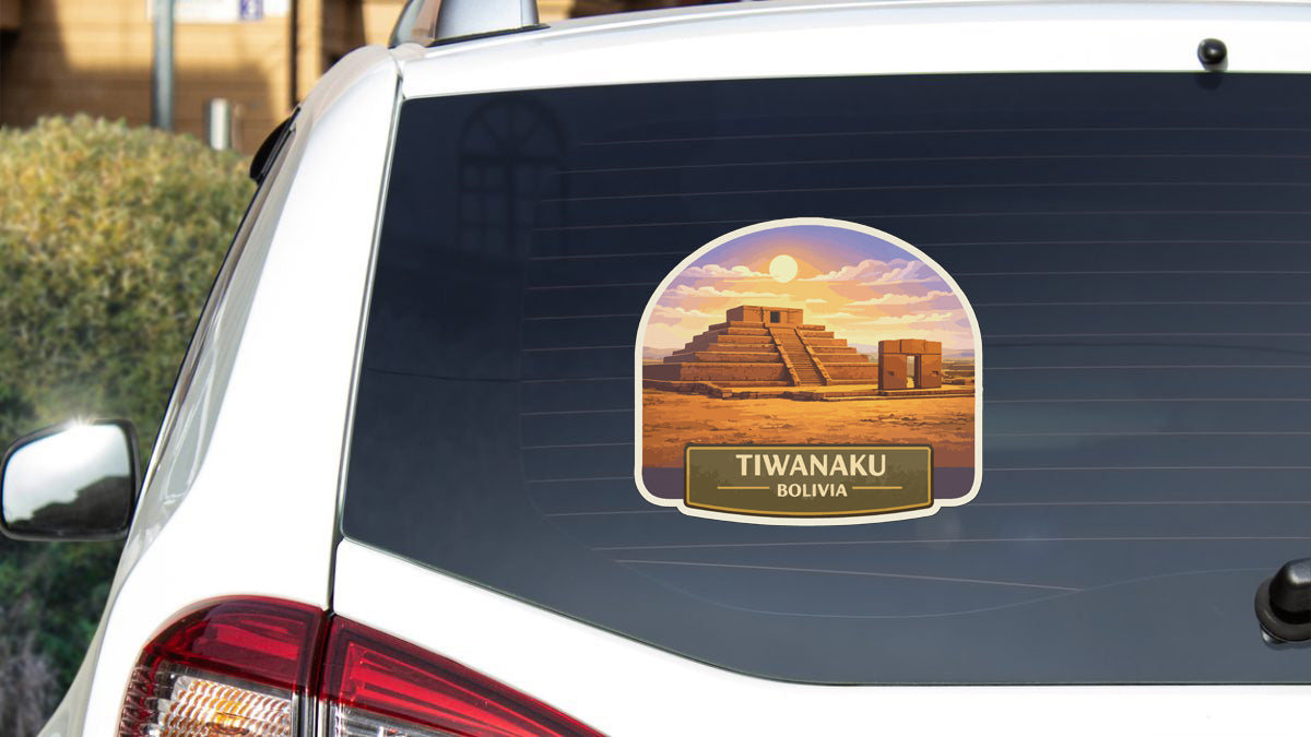 A sticker on the rear window of a car, depicting the Tiwanaku Boulivni ruins in Bolivia.