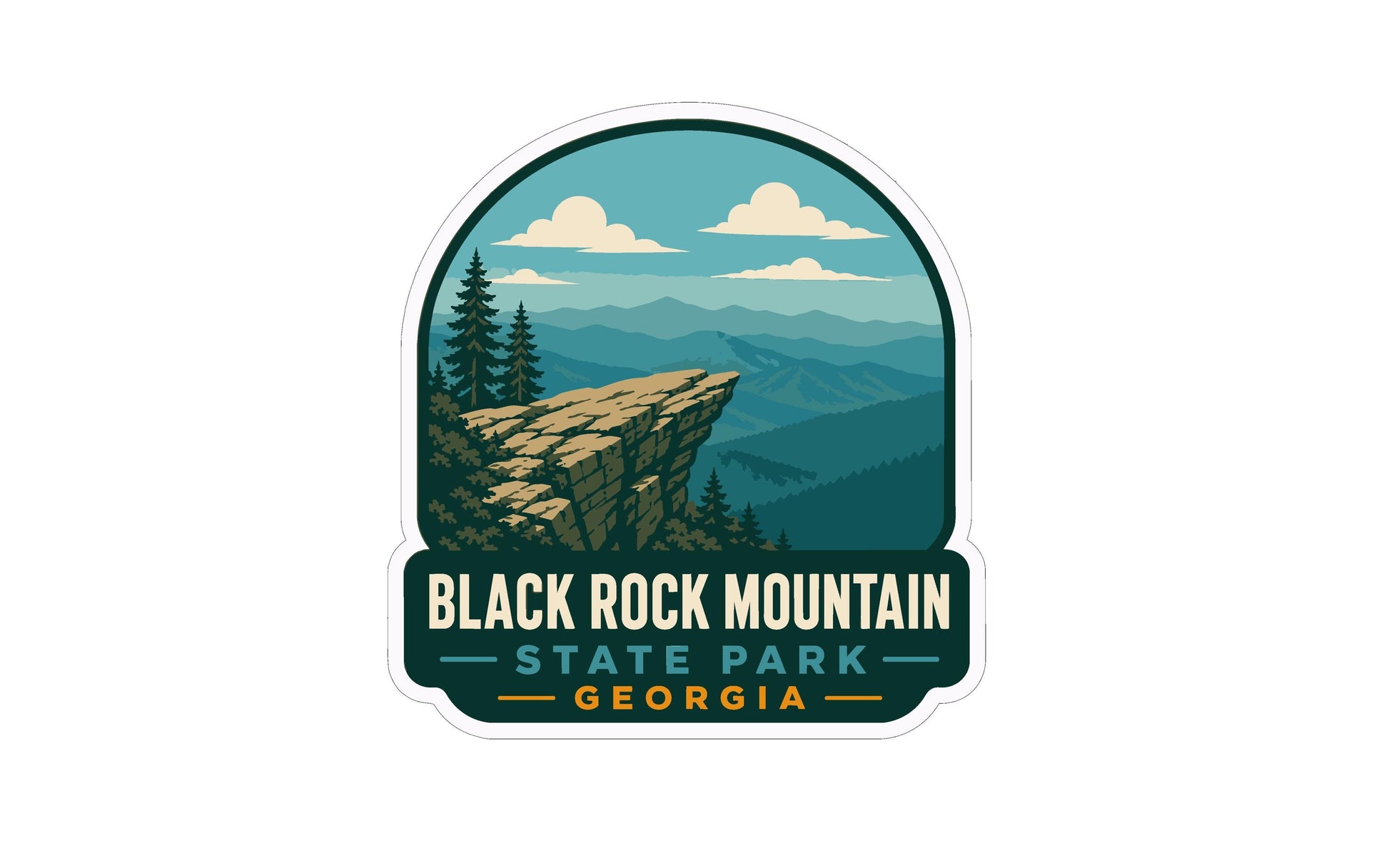 A sticker or emblem featuring a scenic mountain landscape with a cliff, pine trees, and a cloudy sky. The text "BLACK ROCK MOUNTAIN STATE PARK GEORGIA" is prominently displayed, indicating the location of the landmark.