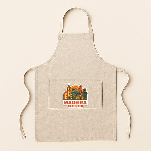 A beige apricot with a graphic of Madeira, a Portuguese island, printed on it.