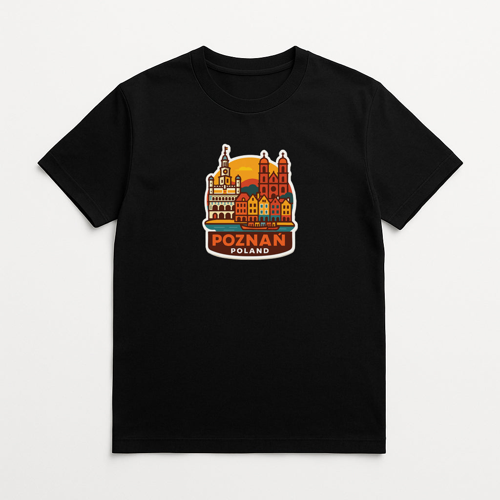 A black t-shirt with a graphic design depicting the city of Poznan, Poland.