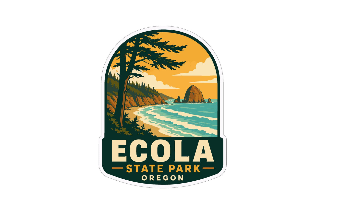 A sticker or emblem featuring a scenic landscape with a beach, mountains, and a body of water, likely representing the state park in Oregon.