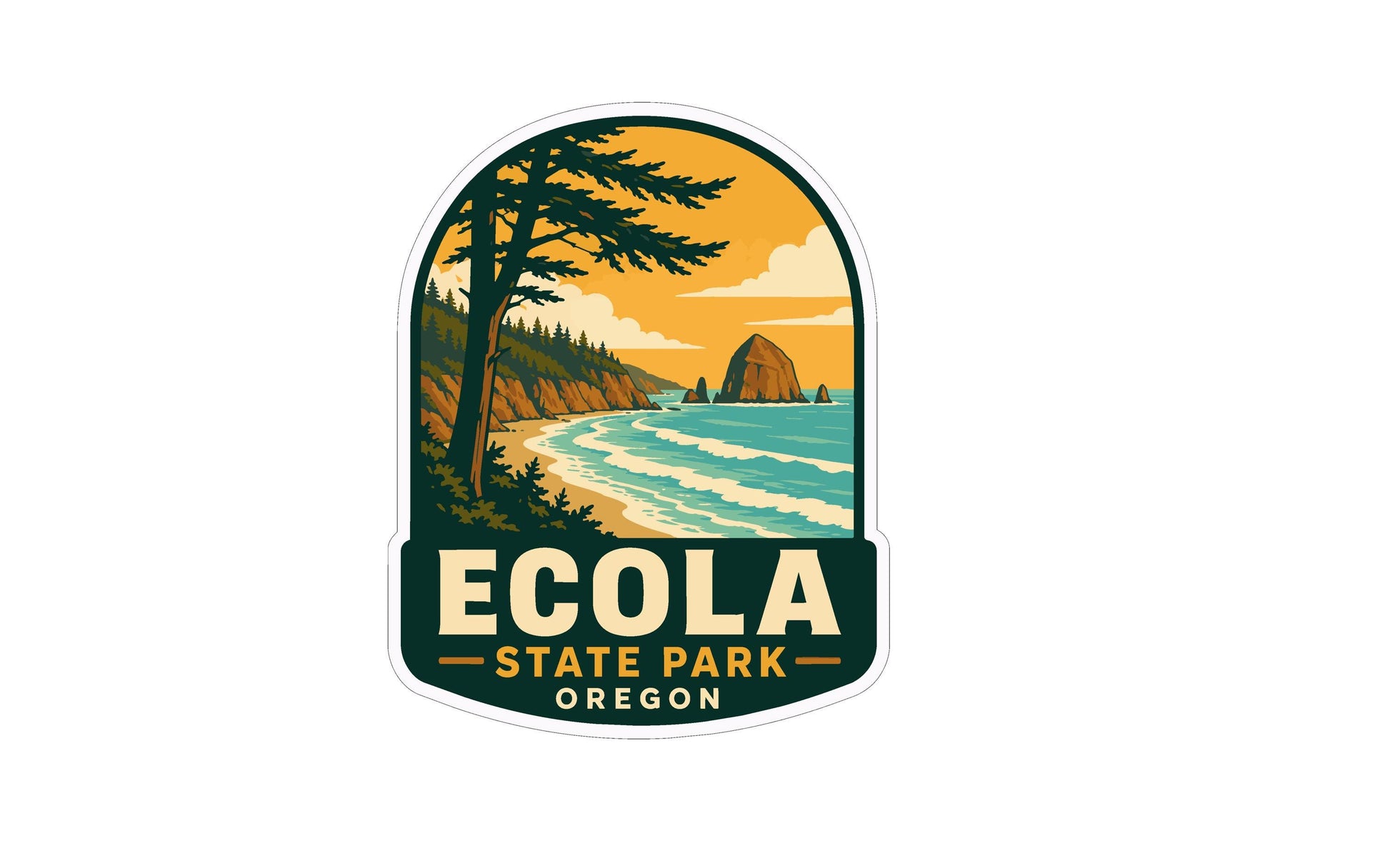 A sticker or emblem featuring a scenic landscape with a beach, mountains, and a body of water, likely representing the state park in Oregon.