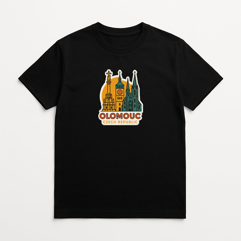 A black t-shirt with a graphic design depicting the city of Olomouc, Czech Republic.