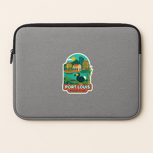 A gray laptop sleeve with a graphic design depicting a cityscape and a bird.