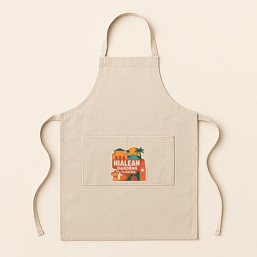A beige apricot with a graphic design on the front pocket, featuring a tropical landscape with palm trees and a building.