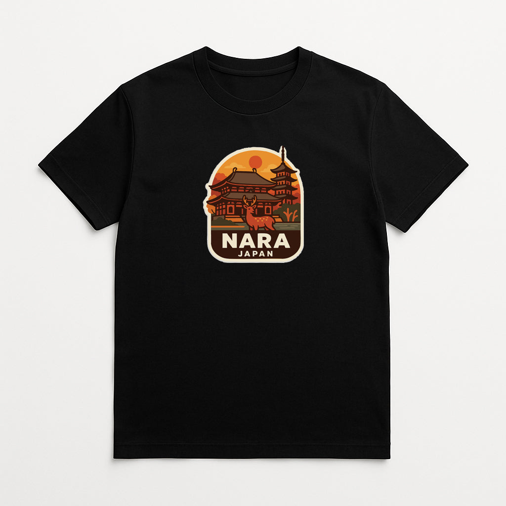 A black t-shirt with a graphic design depicting a temple and the text "NARA JAPAN" printed on it.
