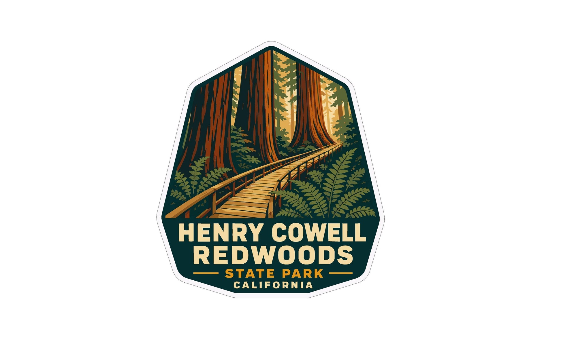 A sticker or emblem featuring a wooden walkway surrounded by tall trees and ferns, with the text "HENRY COWELL REDWOODS STATE PARK CALIFORNIA" prominently displayed.