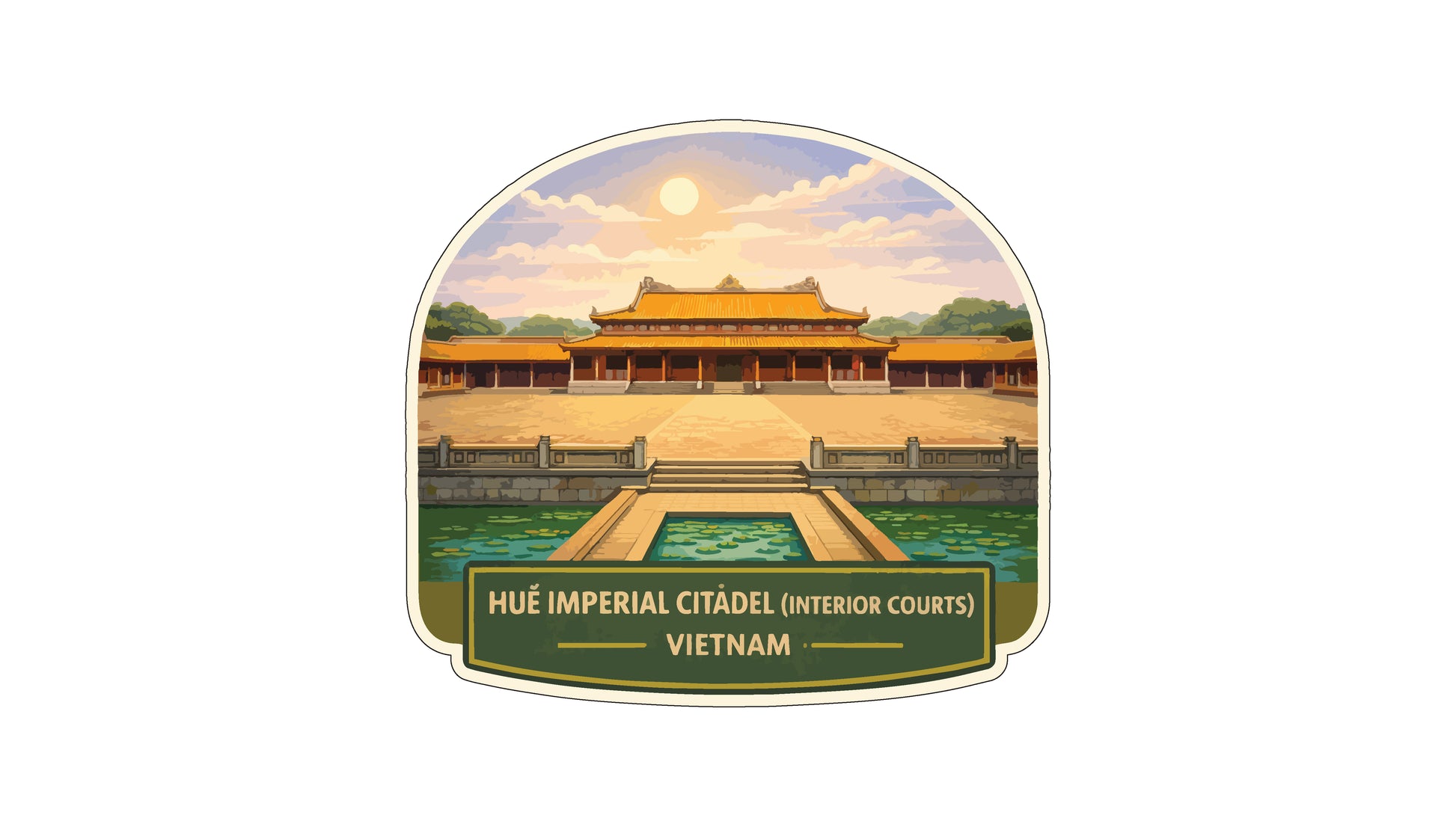 a traditional Vietnamese palace with a central courtyard, surrounded by a moat and a fountain. The palace is situated in an area with trees and a clear sky, creating a serene and picturesque scene.