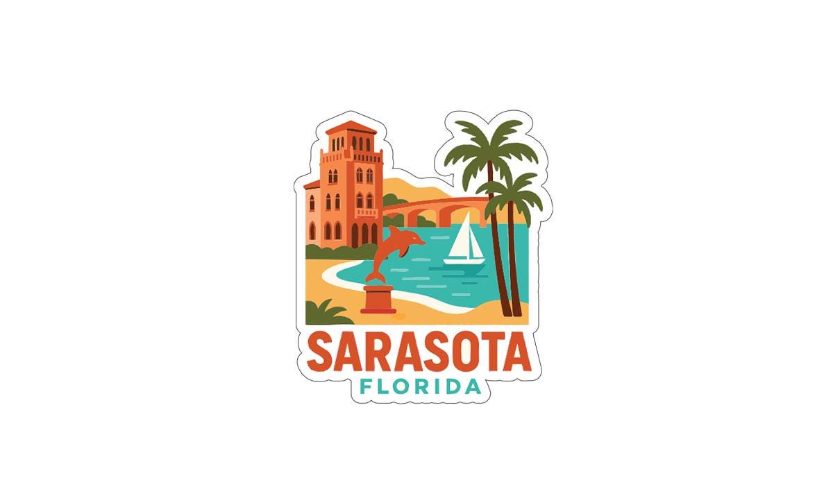A sticker depicting a beach scene with a tall building, palm trees, and a sailboat in the water, along with the text "SARASOTA FLORIDA"