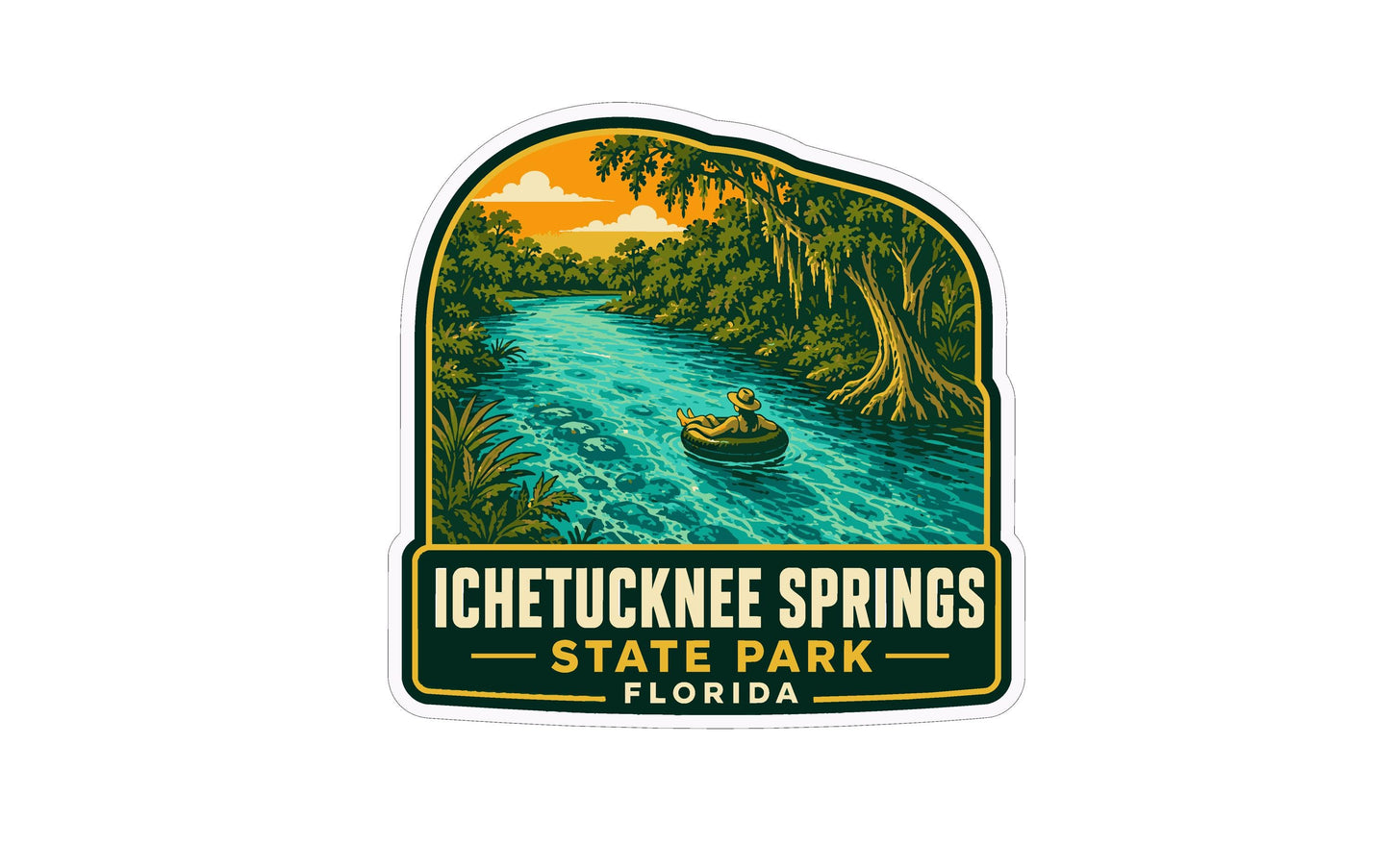 A sticker depicting a person in a boat on a river, surrounded by lush greenery and a sunset sky, with the text "ICETUCHTUNCLE SPRINGS STATE PARK FLORIDA" below.