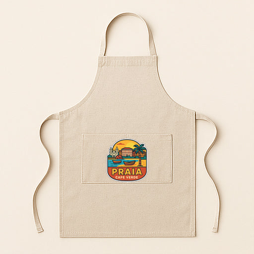 A beige apricot with a colorful graphic design on it, featuring a tropical landscape with palm trees and a building.