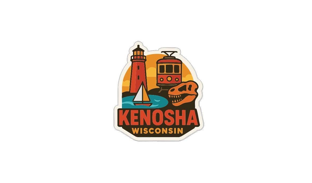 A sticker or logo featuring a lighthouse, a train, a sailboat, and a dinosaur, with the text "KENOSHA WISCONSIN" prominently displayed.