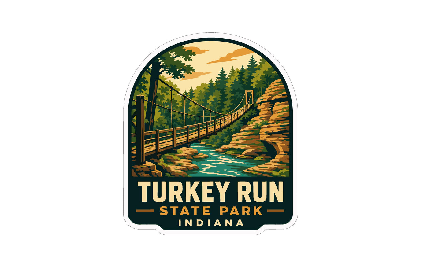 A sticker depicting a suspension bridge over a river, surrounded by trees and mountains, with the text "TURKEY RUN STATE PARK INDIANA" prominently displayed.