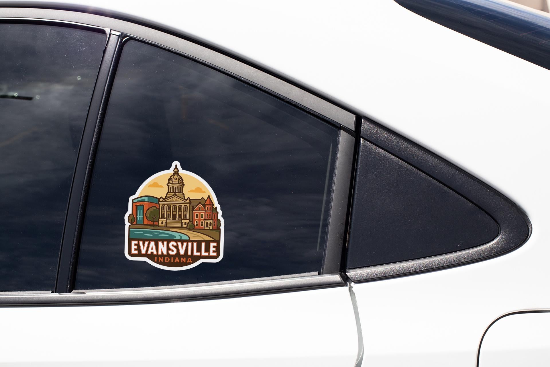 A sticker on the side of a car window, depicting a cityscape with a prominent building.