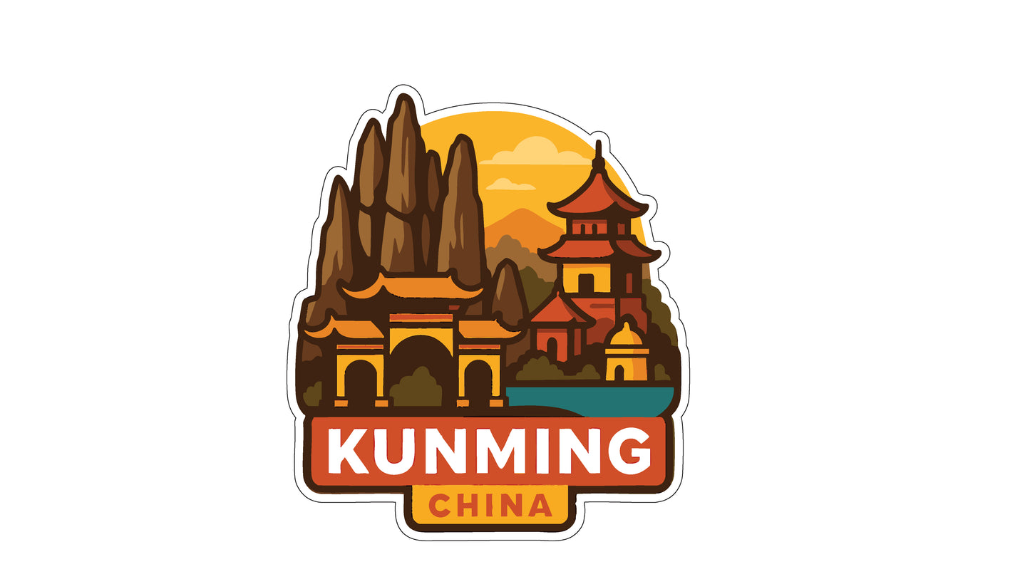 a stylized illustration of a traditional Chinese temple surrounded by mountains, with the text "KUNMING CHINA" prominently displayed.