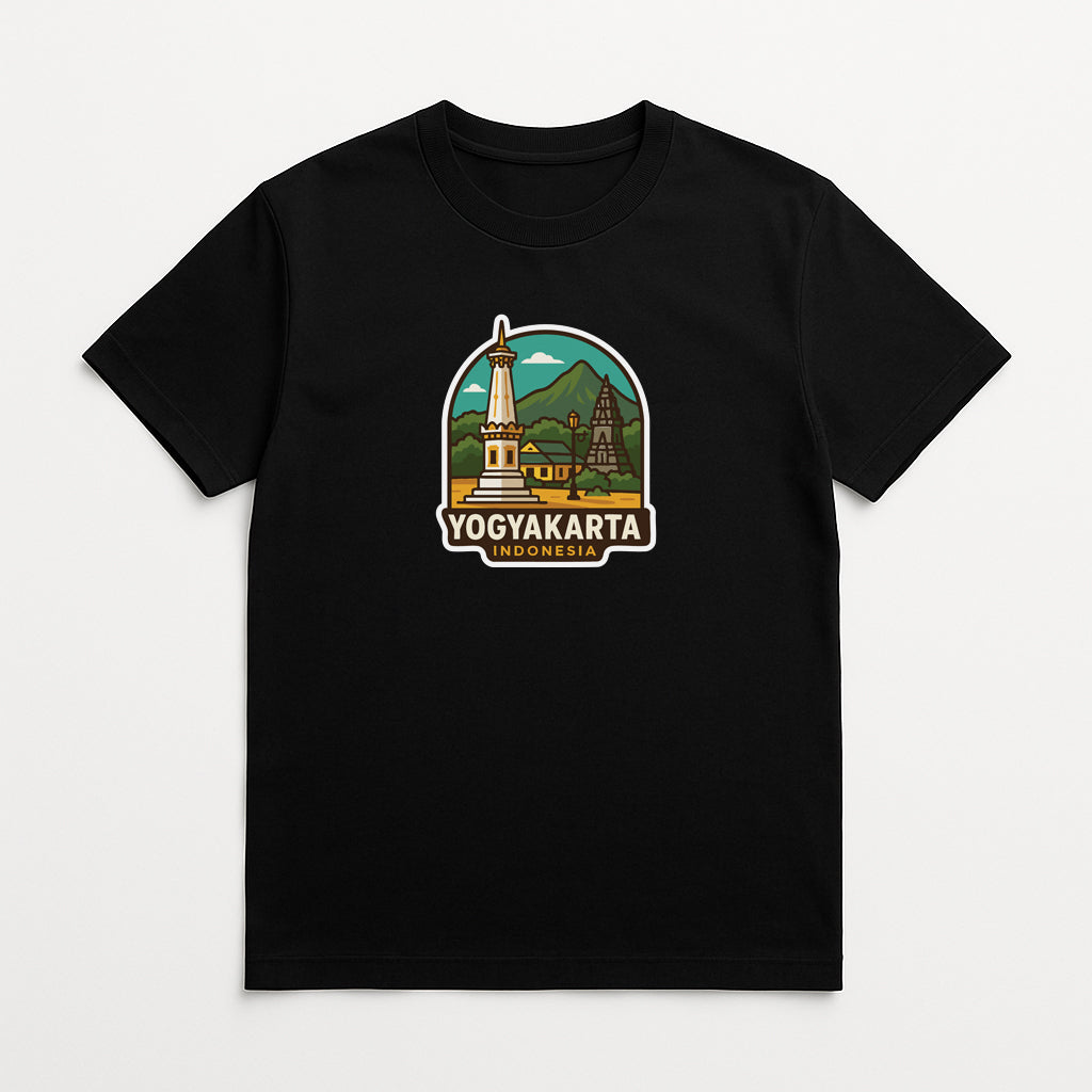 A black t-shirt with a graphic design depicting the Yogyakarta, Indonesia landmark.