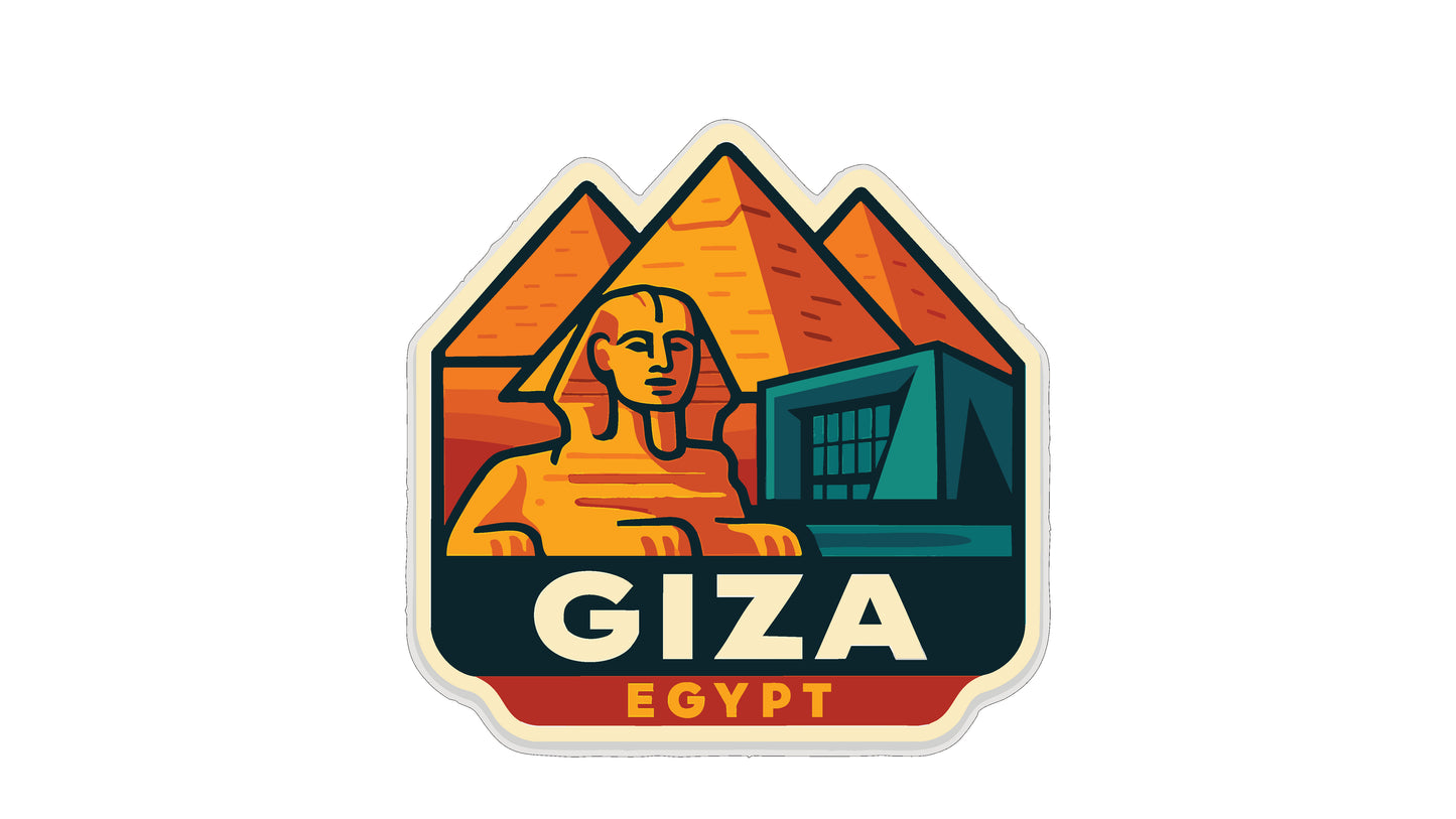 A stylized illustration of the Great Sphinx of Giza, with the word "Giza" and "Egypt" written below it.