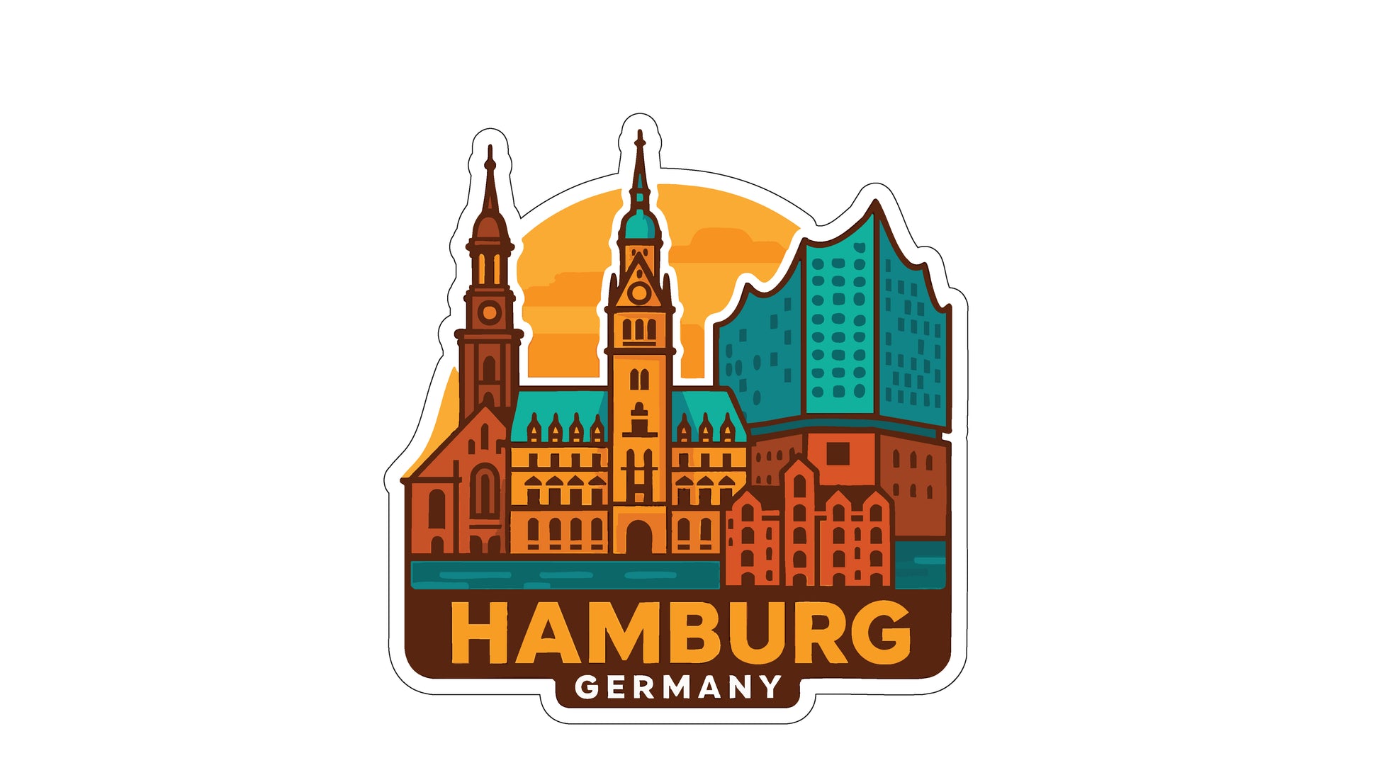 A sticker depicting the skyline of Hamburg, Germany, with various buildings and landmarks, including a church and a tall tower.