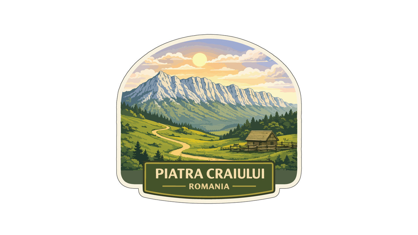 a scenic mountain landscape with a winding road leading through a lush green valley, surrounded by a clear blue sky with a bright sun.