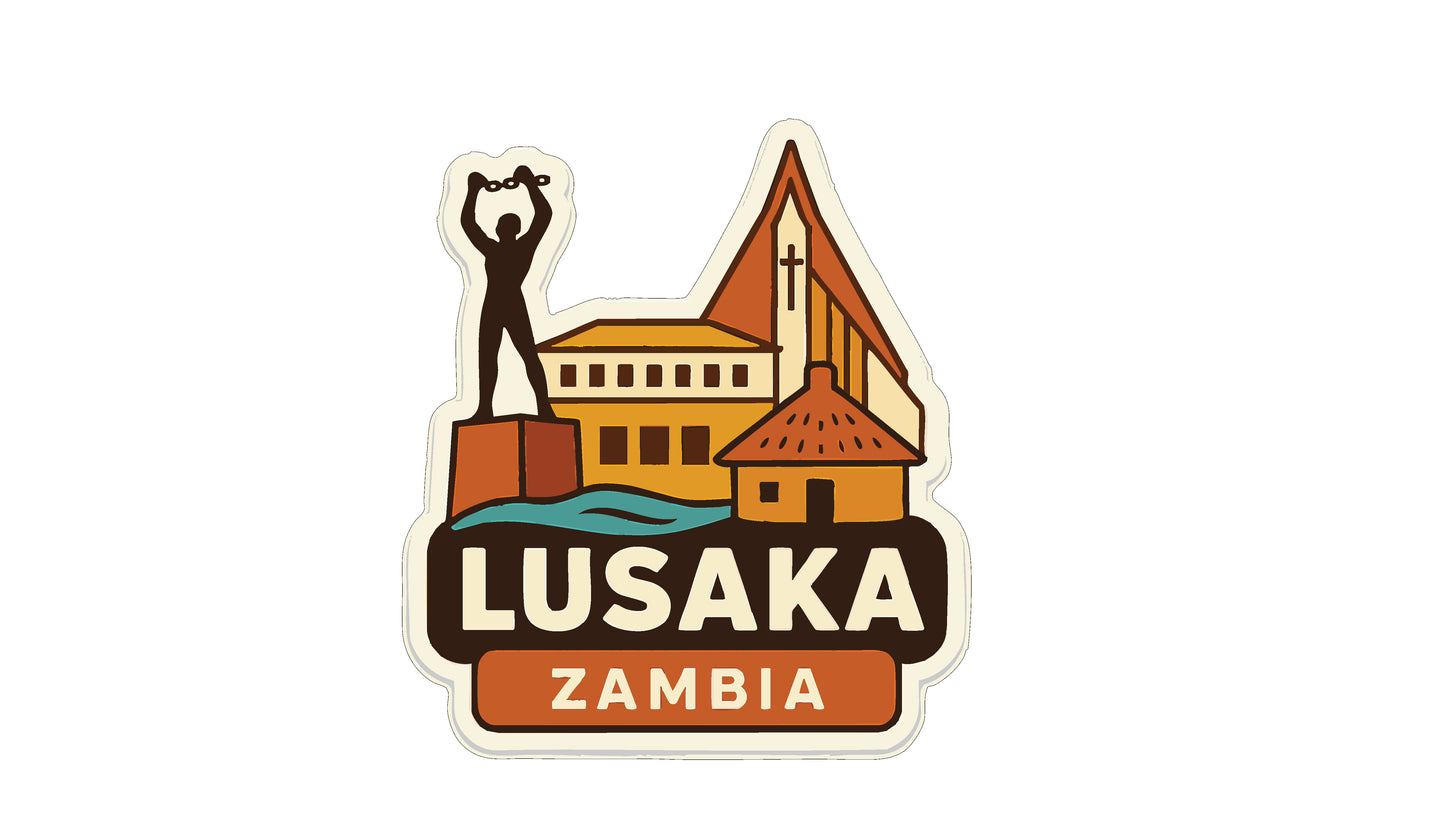 a sticker or emblem with a stylized illustration of a building, a person, and a cross, along with the text "LUSAKA ZAMBIA" prominently displayed.